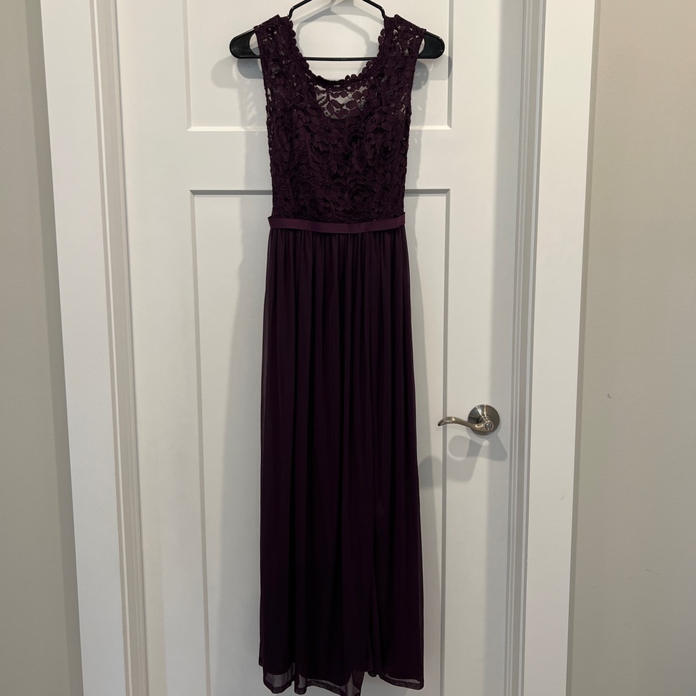 David’s bridal long bridesmaid dress with lace bodice in plum/purple